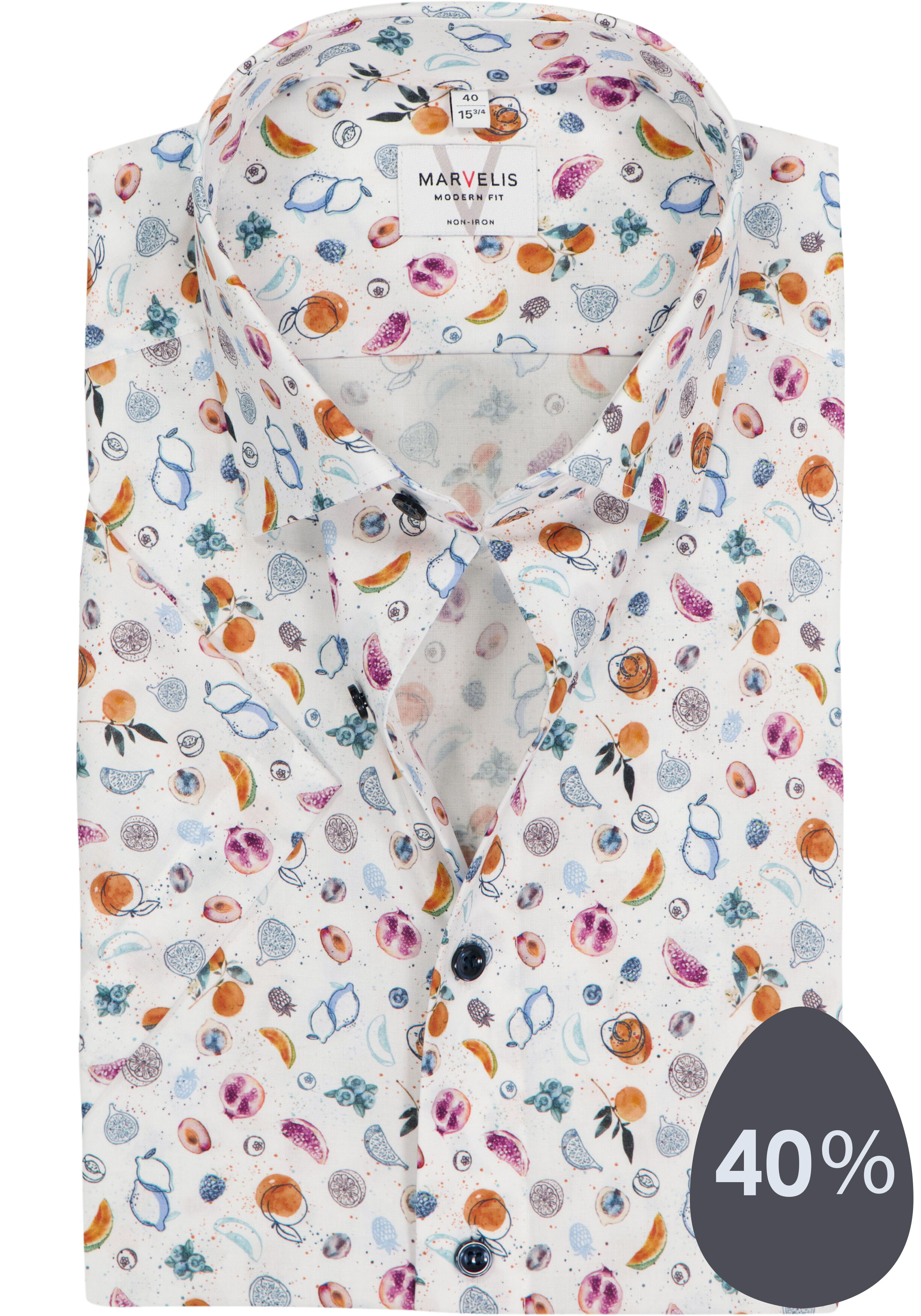 MARVELIS modern fit overhemd, korte mouw, popeline, wit met blauw, oranje en roze fruit dessin